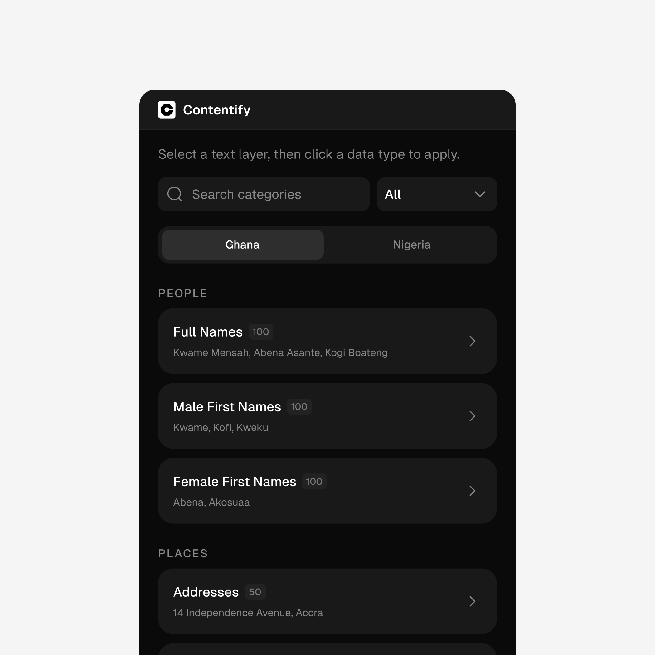 Contentify Figma plugin interface showing authentic West African data