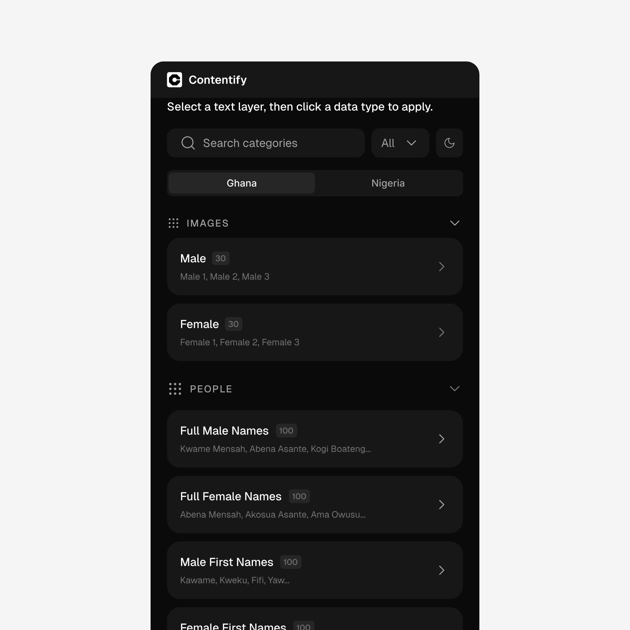 Contentify Figma plugin interface showing authentic West African data