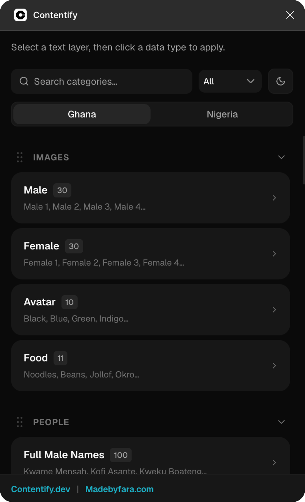 Contentify Figma plugin interface showing authentic West African data